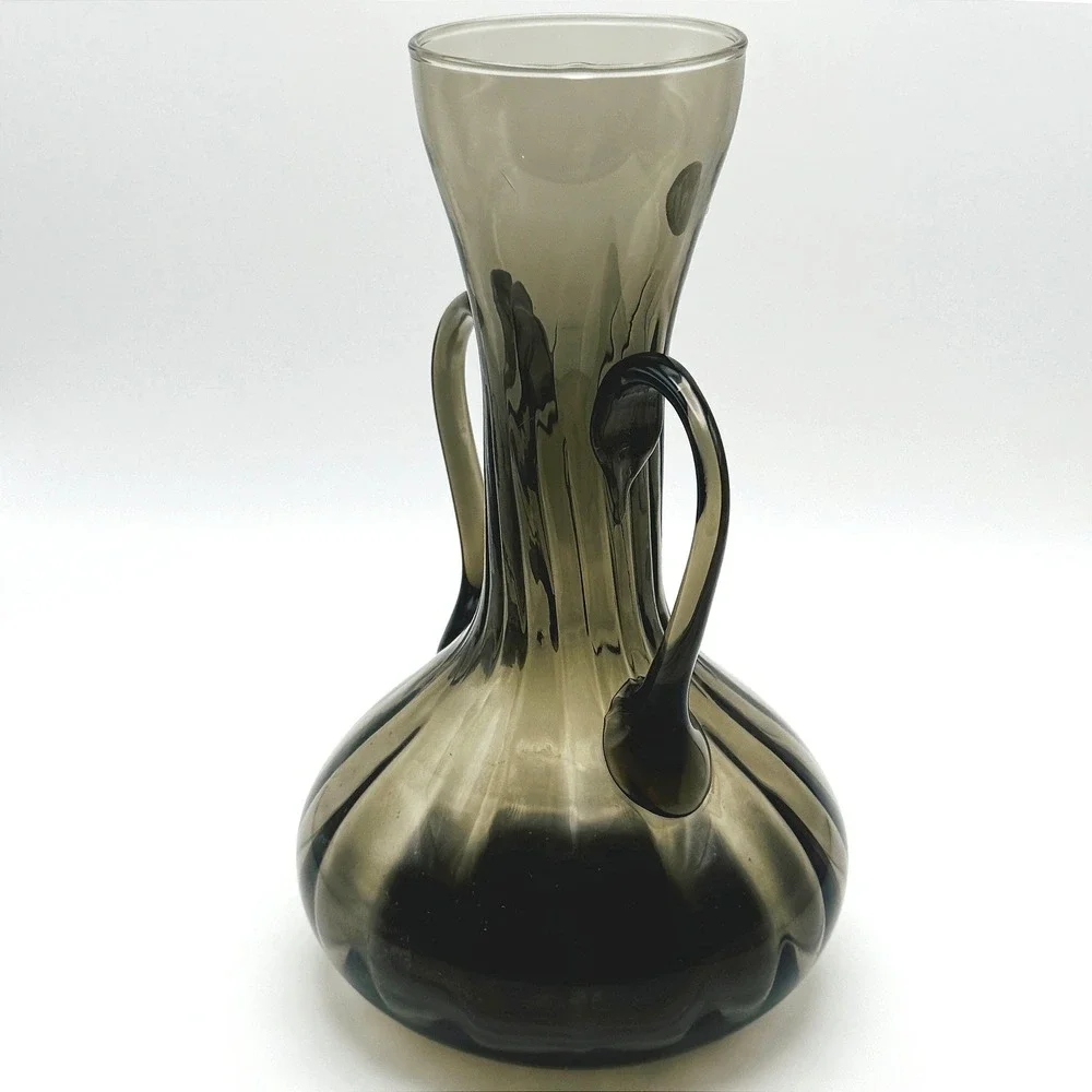 Vintage Empoli Italian Art Glass Double Handle Amphora Vase Smoke Gray Brown